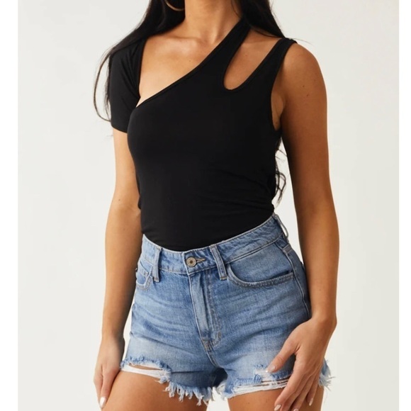 Kancan Medium Wash High Rise Distressed Hem Shorts - Picture 9 of 9